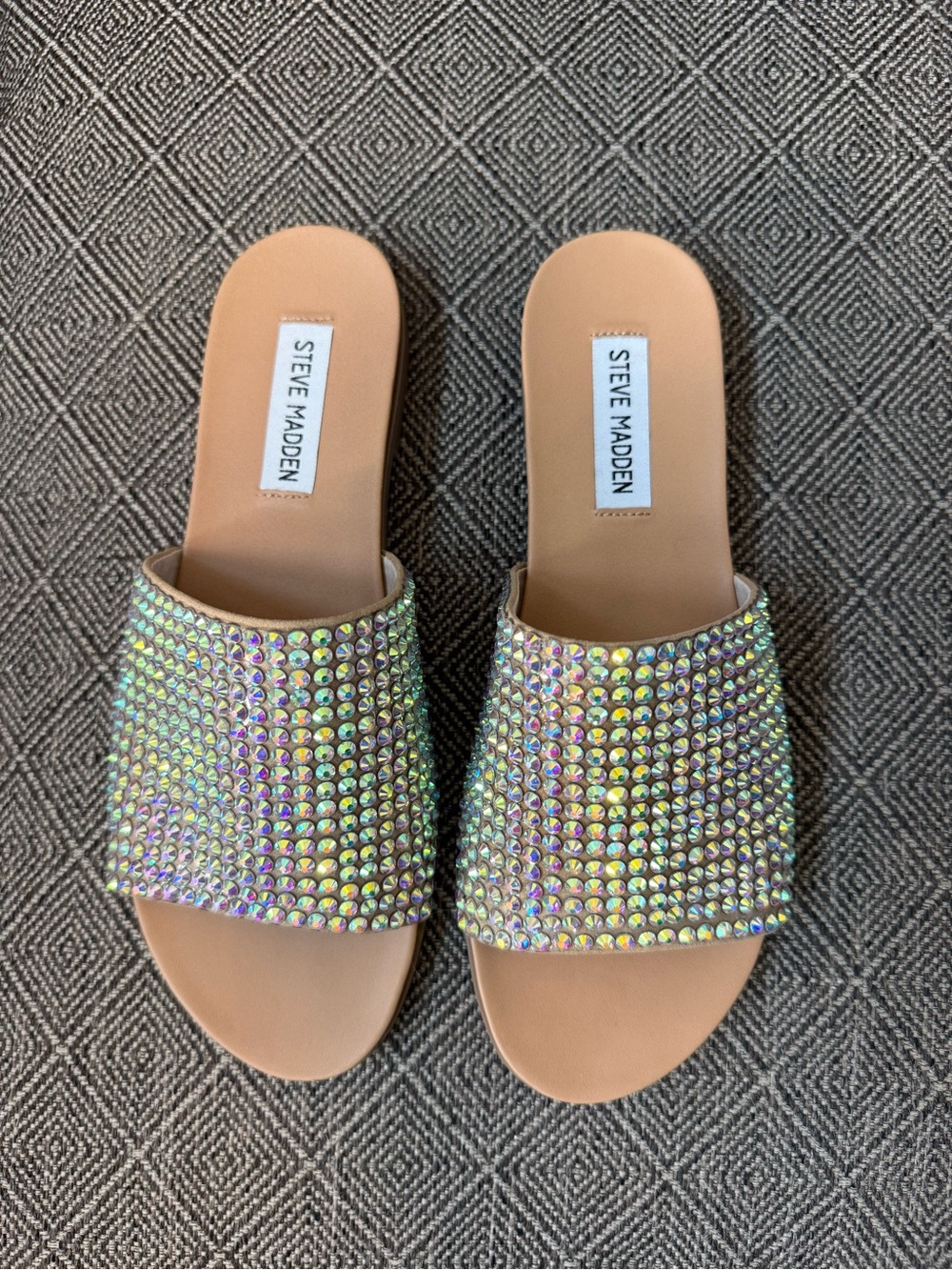 Steve Madden Tan Slide Sandals with Iridescent Crystal Straps - Picture 3 of 5
